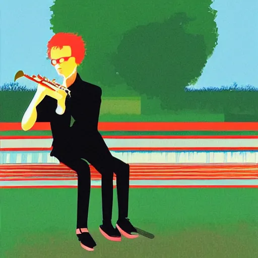 Prompt: crying saxophone player in a park by tatsuro kiuchi