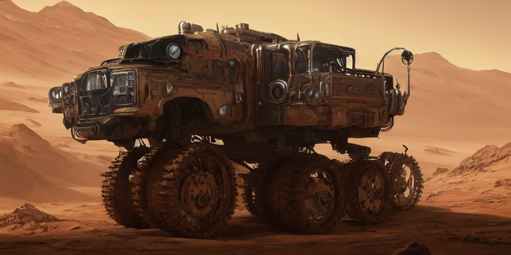 Image similar to steampunk cybertruck rolling on mars 3 d concept art, dust around, cinematic lighting, intricate details, octane rendering, trending on artstation, featured on behance