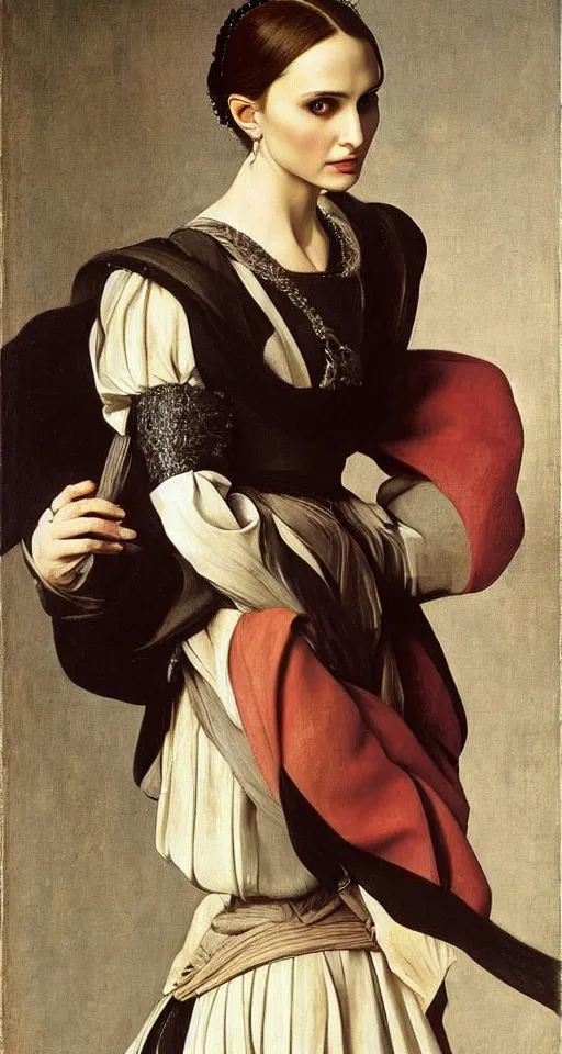 Image similar to a portrait of a Natalie Portman , beautiful clothes, oil painting in a renaissance style , very detailed, painted by Caravaggio.