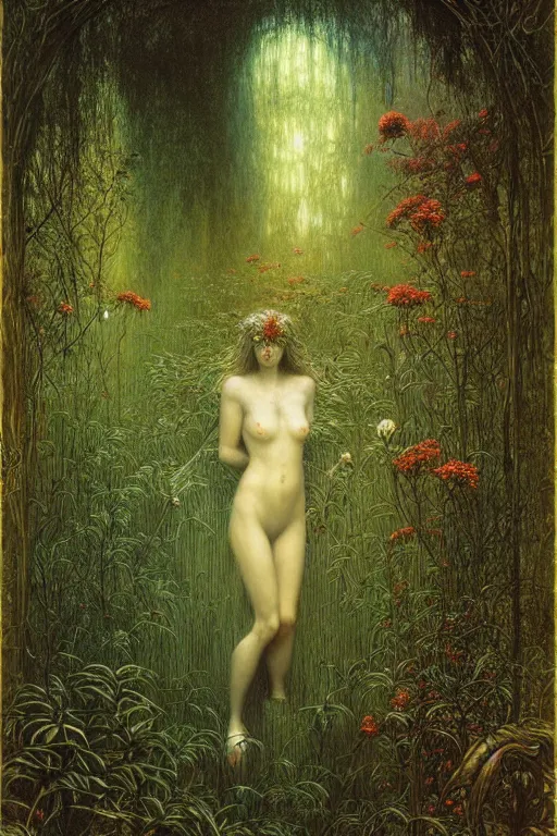 Prompt: enchanted garden by jean delville, luis royo, beksinski, grimshaw