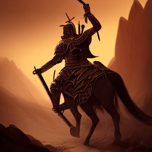 Image similar to the king in the desert, Medieval Warrior fighting in a dark scene, detailed scene, Armour and Crown, highly detailed, blood and dust in the air, action scene, cinematic lighting, dramatic lighting, trending on artstation, elegant, intricate, character design, motion and action and tragedy, fantasy, D&D, highly detailed, digital painting, concept art