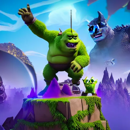 Image similar to fortnite godzilla yoda donkey kong pikachu yeti shrek super mario homer groot waluigi darth vader mike wazowski, highly detailed, extremely high quality, hd, 4 k, 8 k, professional photographer, 4 0 mp, lifelike, top - rated, award winning, cinematic, realistic, detailed lighting, detailed shadows, sharp, no blur, edited, corrected, trending