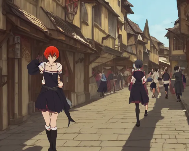 Image similar to anime still frame portrait of a young female walking through a busy medieval village, dynamic pose, dynamic perspective, detailed silhouette, cel shaded anime, ilya kuvshinov face style