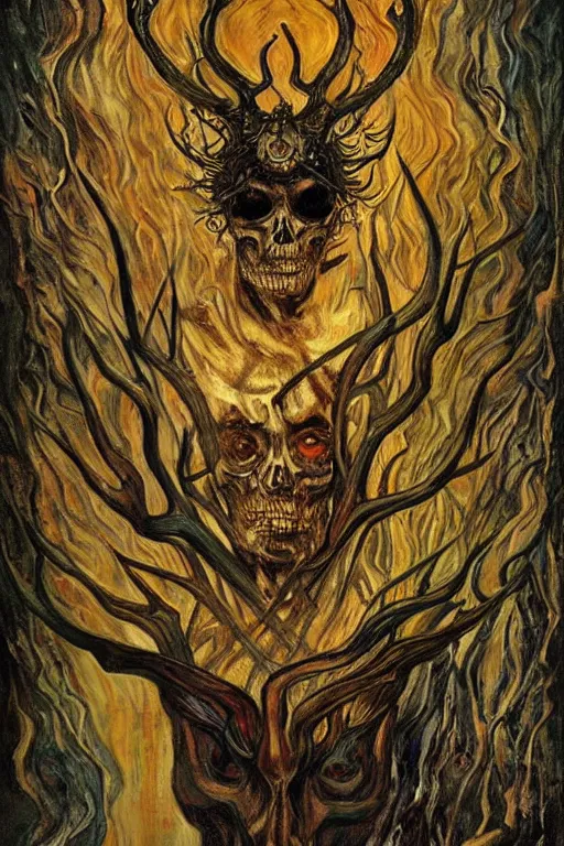 Image similar to The King of Bones by Karol Bak, Jean Deville, Gustav Klimt, and Vincent Van Gogh, portrait of a majestic demonic undead king, undead, lich lord, eyes on fire, fire in eyes, mystic eye, otherworldly, crown made of bones, antlers, horns, ornate jeweled crown, skull, fractal structures, arcane, inferno, inscribed runes, infernal relics, ornate gilded medieval icon, third eye, spirals, rich deep moody colors