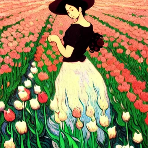 Prompt: beautiful dark skin mexican woman, dancing in a field of tulips and baby's breath, prominent, rosy cheek bones, black hair and brown eyes, van gogh art style, art by hayao miyazaki, makoto shinkai