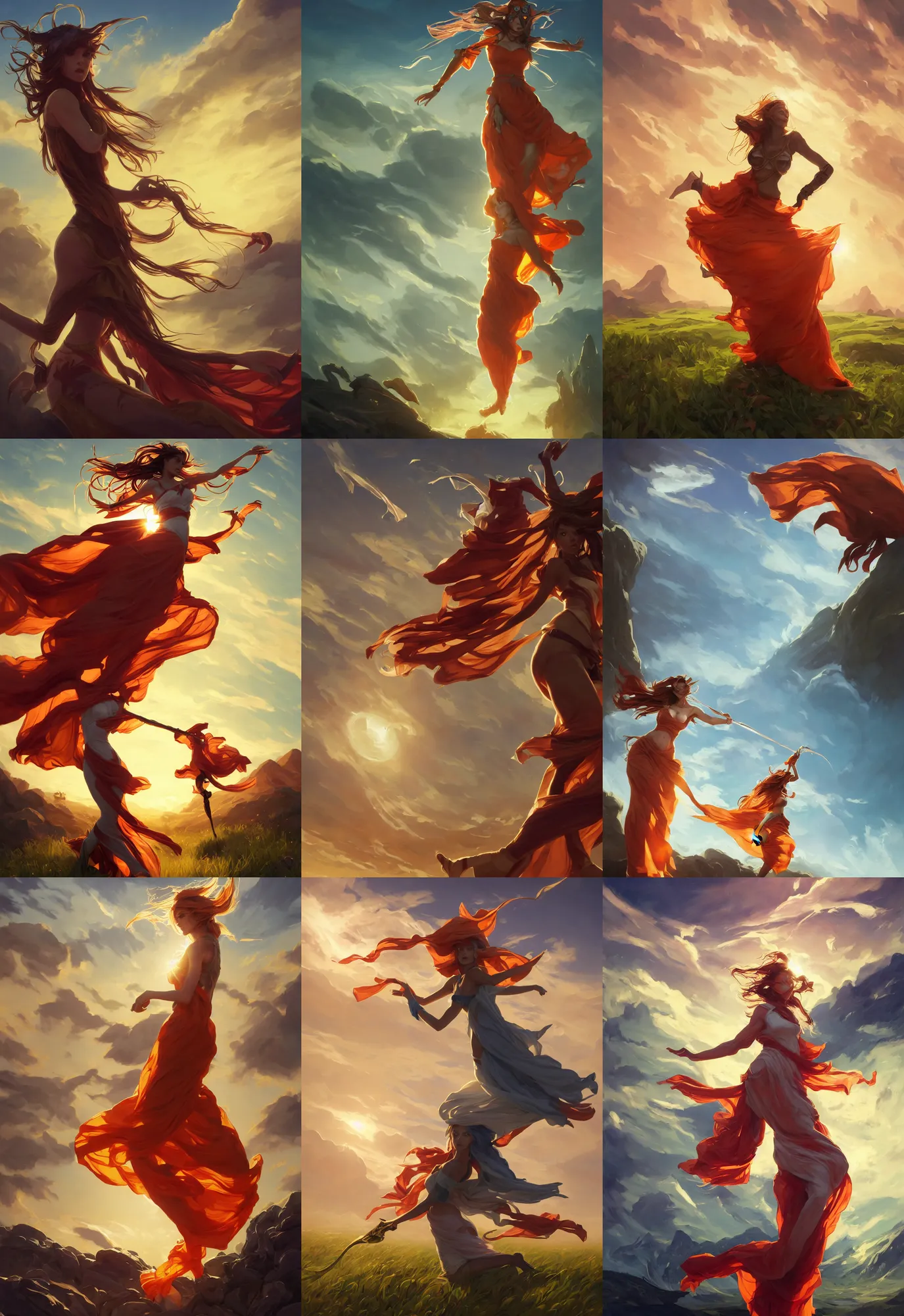 Prompt: league of legends and warframe art, single levitating girl in orange and white maxi dresses between clouds above green fields in sunset light, close up portrait, elegant, intricate, digital painting, artstation, concept art, golden hour, epic composition, smooth, sharp focus, illustration, art by ed mell and Daniel F. Gerhartz and Jacek Malczewski and gustav klimt, Tibor Nagy