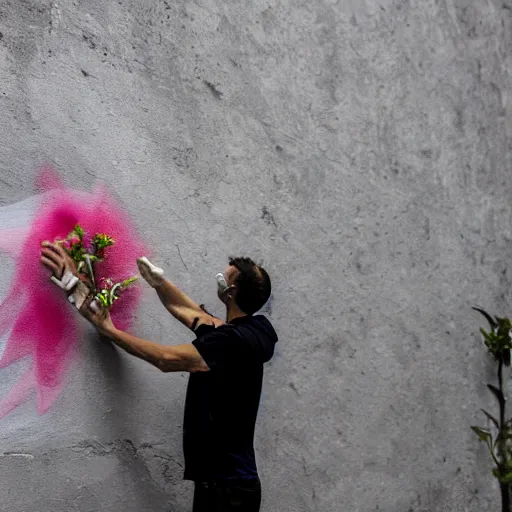 Prompt: guy with white hoodie spray painting flowers in a wall in genova