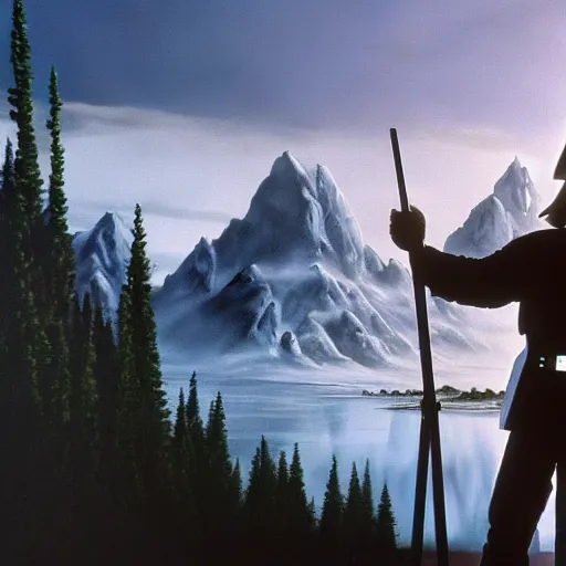 Image similar to a closeup photorealistic photograph of bob ross working on a canvas painting of darth vader. film still. brightly lit scene. mountains and trees. this 4 k hd image is trending on artstation, featured on behance, well - rendered, extra crisp, features intricate detail, epic composition and the style of unreal engine.