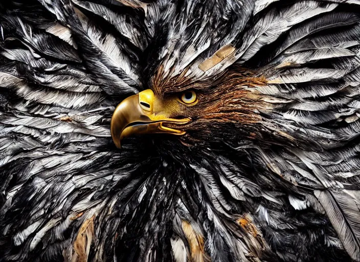 Image similar to pieces of a ripped flag!!!, chicken feathers and saw dust molten and restructured into a beautiful!!!, abstract!!!!!!! sculpture of an eagle, black backdrop, high contrast, award winning photo, dslr, high quality