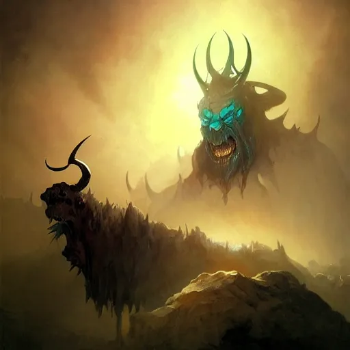 Image similar to demonic dark smiling creature with blue eyes and horns full blacked made by ivan aivazovsky, peter mohrbacher, greg rutkowski volumetric light effect broad light oil painting painting fantasy art style sci - fi art style realism premium prints available artwork unreal engine