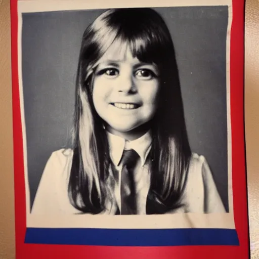 Image similar to creepy 70s style school portrait, googly eyes, teeth, dusty photo from the 70s