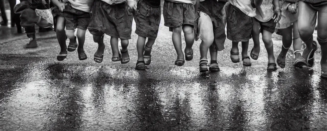 Prompt: several very tiny people running into a storm drain, twilight, reflections on wet pavement