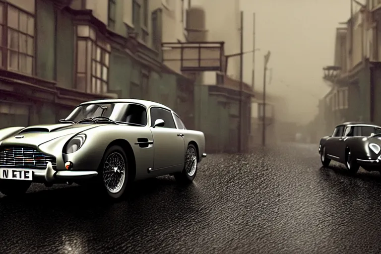 Prompt: a wholesome animation key shot of!! one!! focused!! aston martin db 5!!, in a wet london street, raining, wide shot, studio ghibli, pixar and disney animation, sharp, very detailed, high resolution, rendered in unreal engine 5, anime key art by greg rutkowski, bloom, atmospheric lighting