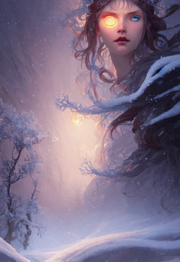 Image similar to panoramic shot of a beautiful ancient frost witch, eye fire, snow glow, snowfall, highly detailed, digital painting, artstation, sharp focus, illustration, art by tan zi and ayanamikodon and alphonse mucha and wlop