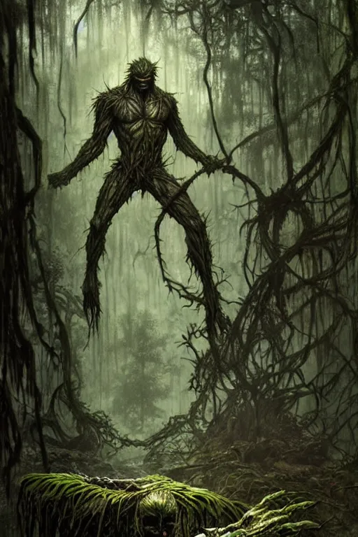 Image similar to realistic photo of the swamp thing, through the creepy forest, on the way lies a rotting corpse among the rocks. and he takes it in his hands. deep focus, intricate, elegant, highly detailed, digital painting, station art, concept art, matte, sharp focus, illustration, art by artgerm and greg rutkowski and alphonse mucha