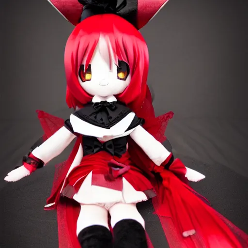 Prompt: cute fumo plush of a gothic maiden in a black and red gold lined uniform, laces and ribbons, soft shadow, anime girl, vray, symmetry