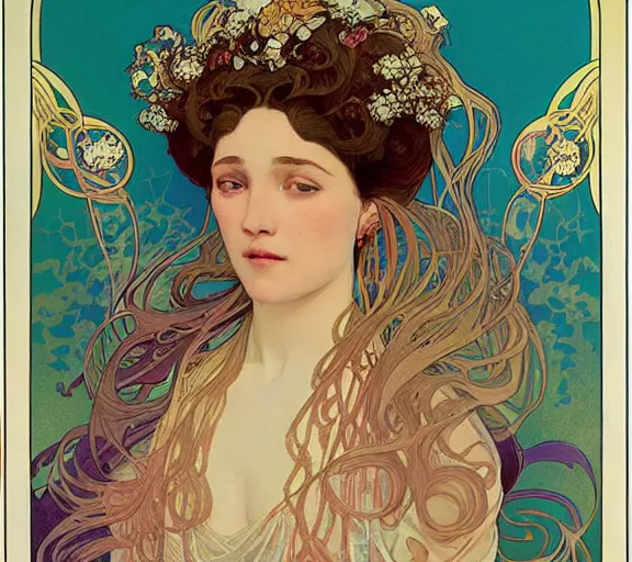 Prompt: the empress of the jellyfish, art nouveau portrait, by alphonse mucha, Adolfo Hohenstein, Alice Russell Glenny, Stanley Artgerm Lau, greg rutkowski, thomas kindkade, loish