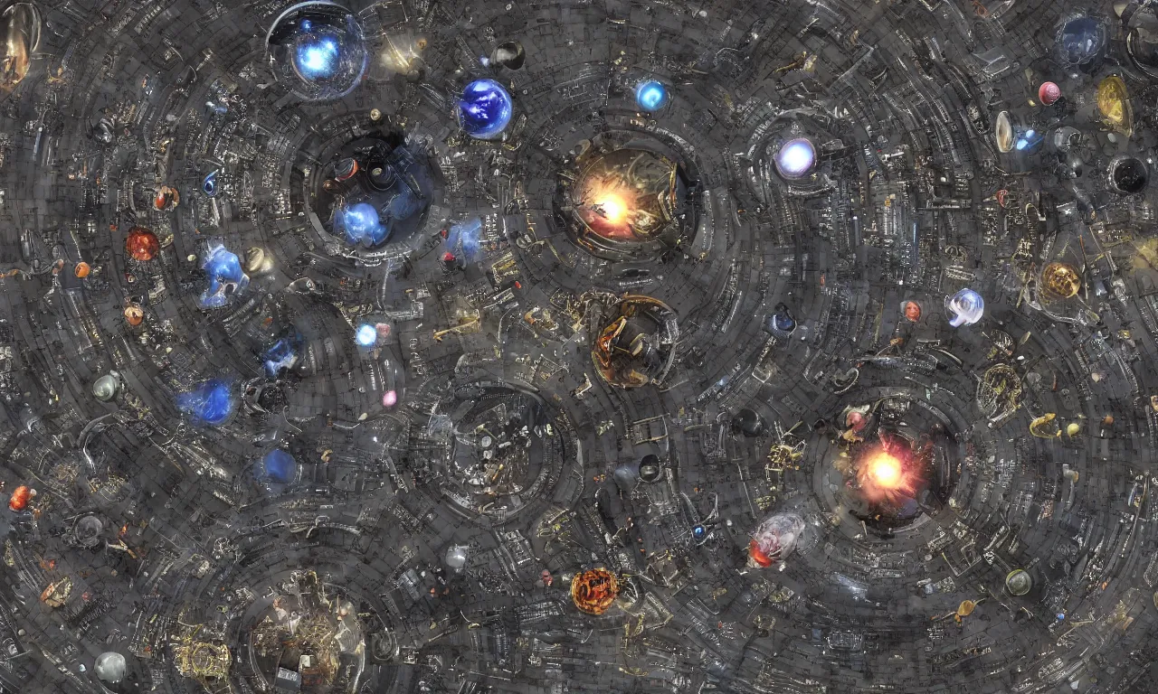 Image similar to a space junkyard forming a tilted disk with vortex in the center in black starless space, a graveyard of space stations and giant space structures, dark sci - fi game map, solid