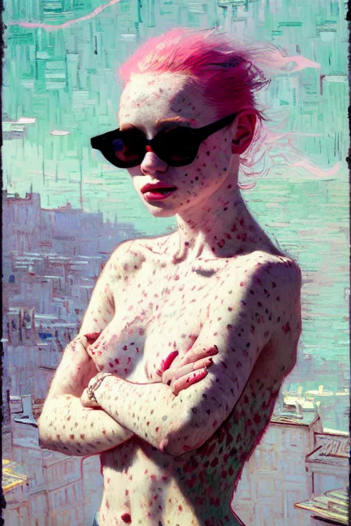 Image similar to portrait of a beautiful girl, albino, lots of freckles, nose piercing, shades of pink, beautiful face, rule of thirds, intricate outfit, spotlight, by greg rutkowski, by jeremy mann, by francoise nielly, by van gogh, digital painting