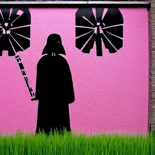 Prompt: darth vader standing in a field of pink grass, in the style of banksy