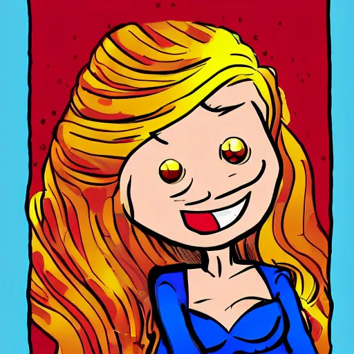Prompt: dan decarlo art style, comic character, kind, friendly, orange hair, round face, freckles, smiling, betty cooper, art by dan decarlo