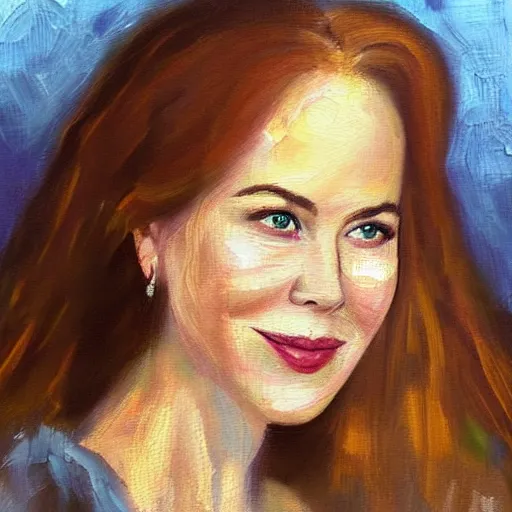 Image similar to “an oil painting portrait of a young Nicole Kidman sitting on a couch, joyful”