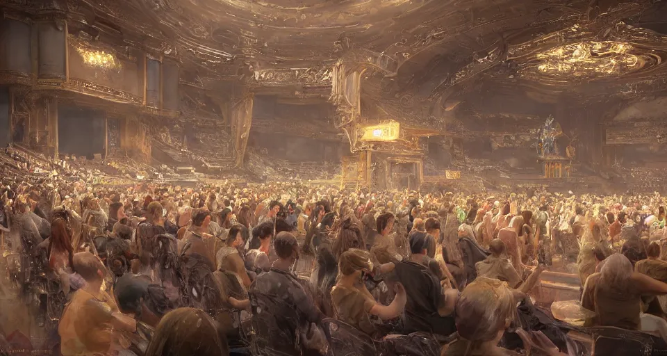 Image similar to craig mullins and ghibli digital art of inside the grand theater, many audience, on the stage, masked female violinists, exotic costumes, gold jewelry, black hair, solo performance unreal engine, hyper realism, realistic shading, cinematic composition, realistic render, octane render, detailed textures, photorealistic, wide shot