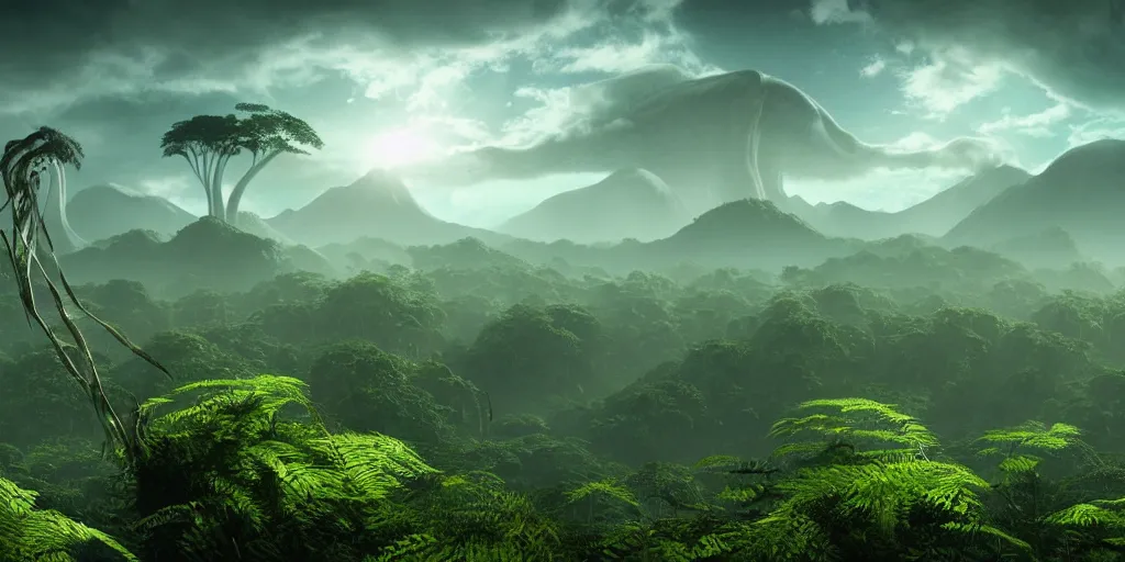 Image similar to a distant prehistoric fern jungle, a silhouette of a distant sauropod head in the background, mountains, clouds, volumetric lighting, hazy, washed out, an award winning digital render, beautiful, ultradetailed, hyperrealistic, great composition