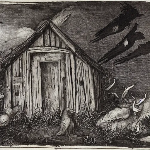 Prompt: gothic wooden hut with ravens and spiders, Ink, By Albrecht Durer