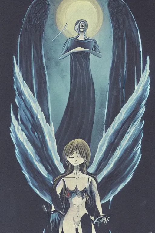 Image similar to angel of death smiling in the dark night, art by takeshi ohbata