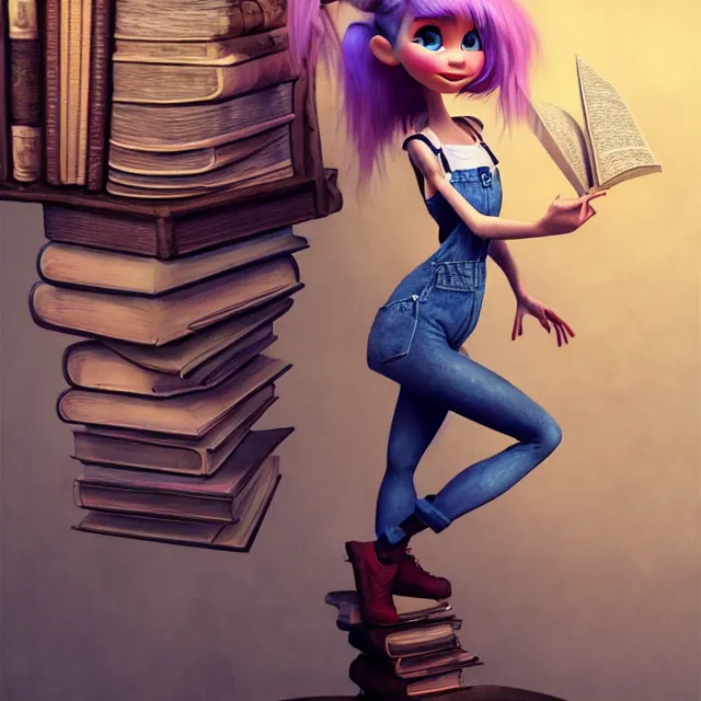 Image similar to full body pose, beautiful adult fairy, pixar, short white hair shaved sides, dirty, grungy, grunge, long sleeve, painted overalls, stacks of giant books, highly detailed, 4 k, hdr, smooth, sharp focus, high resolution, award - winning photo, artgerm, photorealistic