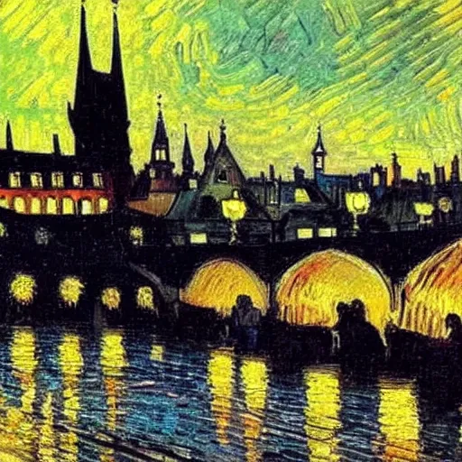 Image similar to the charles bridge painting by Van Gogh, detailed painting, night vibe