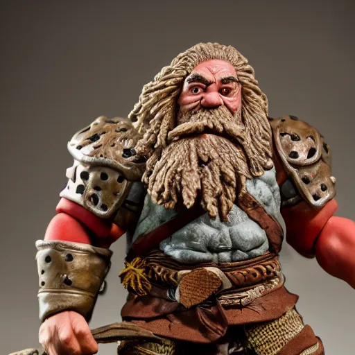 Image similar to high - res photograph of a claymation sculpture action figure warrior dwarf, highly detailed sculpey diorama, smooth, sharp foccus, commercial product photography,