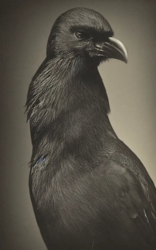 Image similar to portrait of a creepy human - crow hybrid, daguerreotype, studio lighting, hyperrealistic, ultra detailed