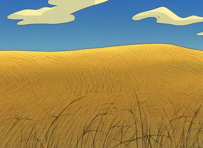 Image similar to minimal endless bland pale bleached sloping wheat farmland by bill watterson from mulan ( 1 9 9 7 )