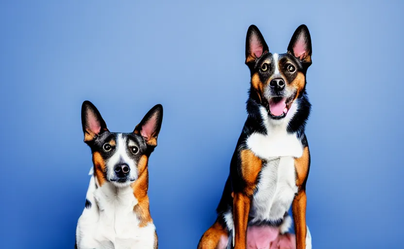 Image similar to studio photography portrait of a dog on dark blue background, rim light, beautiful lighting, 8 k