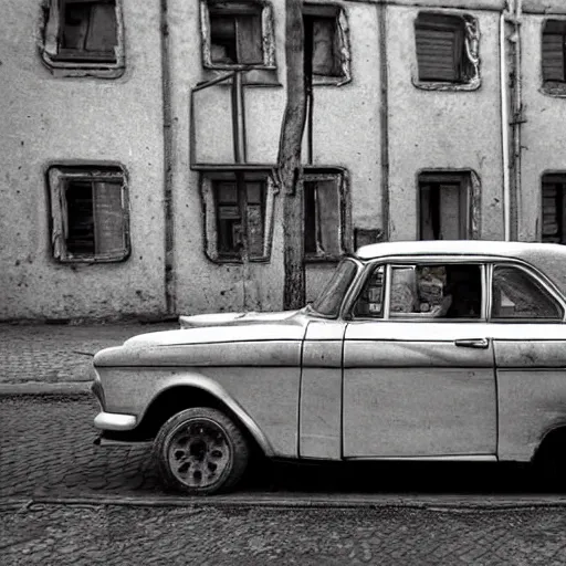 Image similar to low angle photo car in soviet town in mid day by william egglestone, bokeh