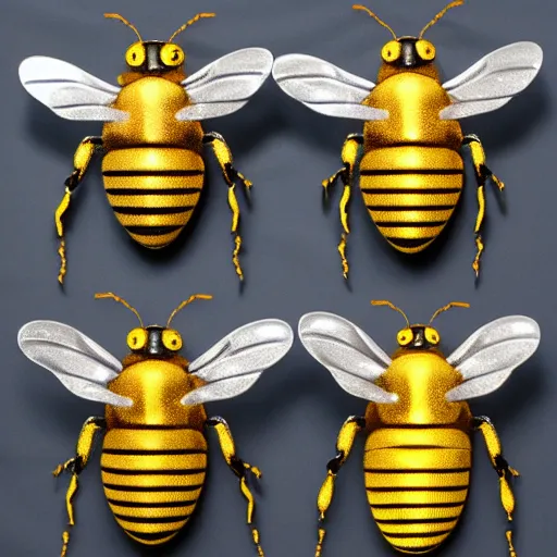 Image similar to portrait of four 3d bees made of metal, shiny, performing onstage like the Beatles