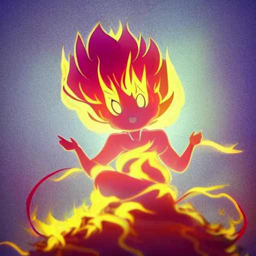 Image similar to fluffy popcorn anime character with a smiling face and flames for hair, sitting on a lotus flower, clean composition, symmetrical