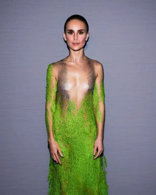 Prompt: nathalie portman at the new york fashion week, wearing an outfit made from nickelodeon slime, photo by greg rutkowski, soft lighting, female beauty, intricate detail, elegance, sharp shapes, masterpiece