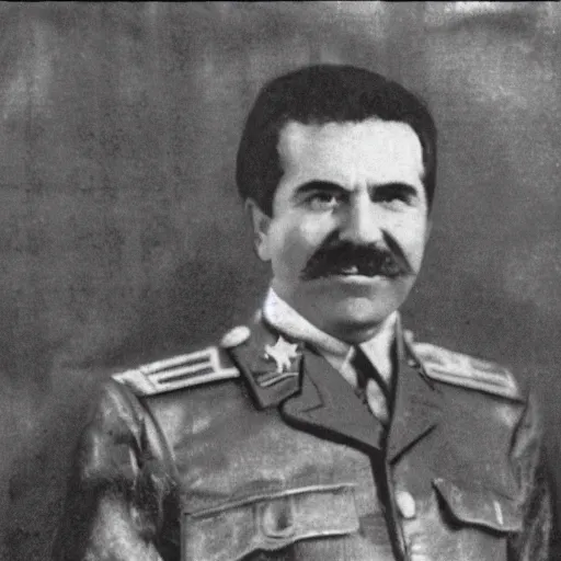 Image similar to hyper realist photograph of staline smiling and biting his lip seductively with the ussr flag behind him, close up, face picture, 4 k, very detailed