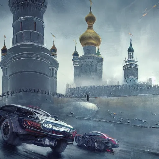 Prompt: Cyberpunk Moscow Kremlin with flying cars by Greg Rutkowski