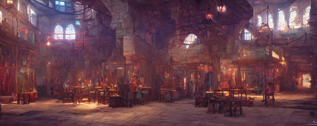 Image similar to inside of a medieval era bazaar, vaporwave aesthetics, 8 k uhd, unreal engine, octane render in the artstyle of finnian macmanus, john park and greg rutkowski