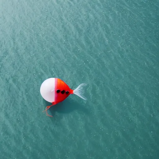 Image similar to a fish floating away from the sea tied to a ballon