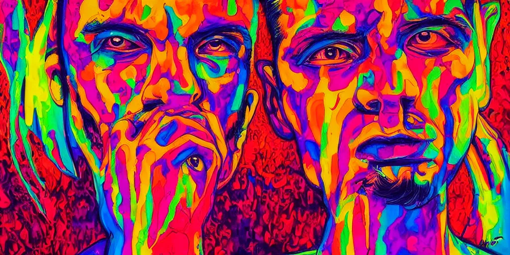 Image similar to a man being overcome by love conciseness, psychedelic dripping colors, detailed painting by painting by pablo amaringo