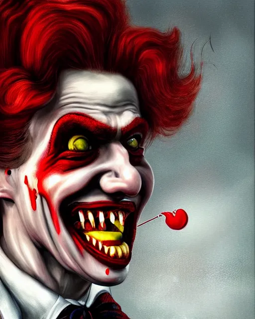 Prompt: dracula ronald mcdonald, character portrait, close up, concept art, intricate details, highly detailed, photorealism, hyperrealism in the style of otto dix and h. r giger