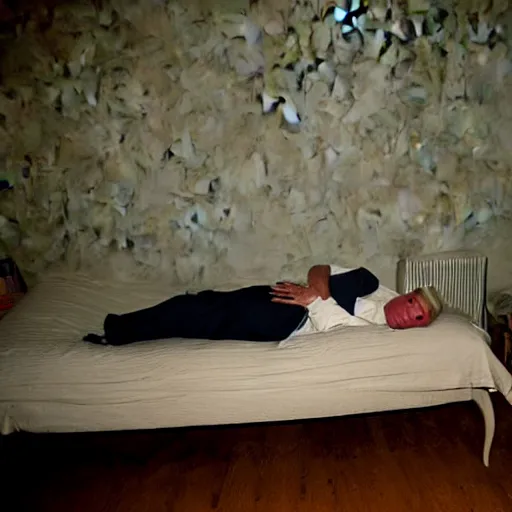 Image similar to donald trump asleep in a room in an abandoned house, grainy low quality photograph, bad lighting