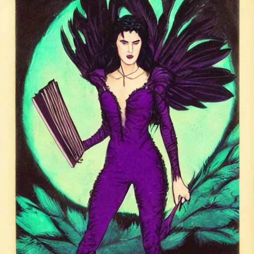 Image similar to young jennifer connelly as odile, gothic dark fae disney villain with black feathers instead of hair, wearing black and purple jumpsuit, zero g, reading a book, feathers growing out of skin, pulp sci fi, mike mignola, david mack, romantic, comic book cover, vivid, beautiful, illustration, highly detailed, oil painting