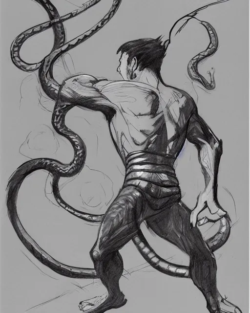 Image similar to a man fighting a giant snake, sketch by glen keane, black and white illustration by glen keane, concept art, artstation, disney 1 9 9 0