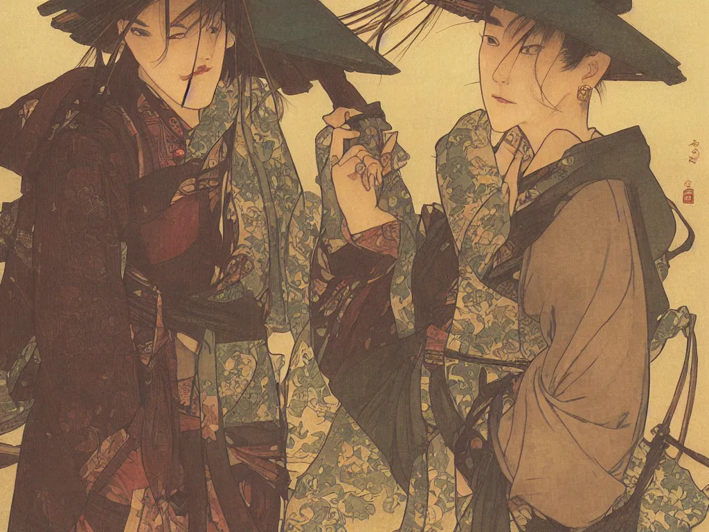 Image similar to a ronin in a japanese village during edo period, dusk, by fiona staples, range murata, alphonse mucha